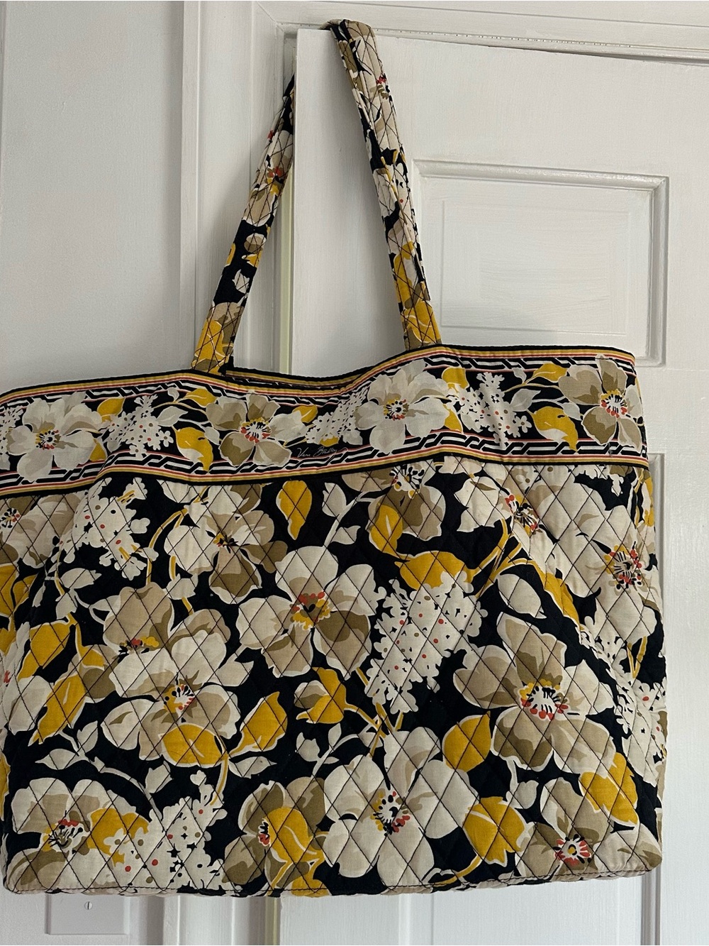 Vera Bradley Quilted Floral Tote Bag in Black, Yellow & Cream